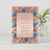 Blue Bronze Floral Romantic Wedding Kaart (Staand voorkant)