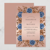 Blue Bronze Floral Romantic Wedding Kaart (Voorkant / Achterkant)