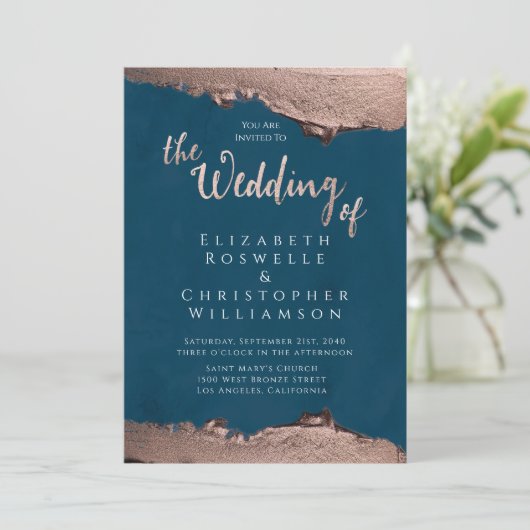 Blue Bronze Metal Elegant Script Wedding Kaart (Staand voorkant)