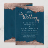 Blue Bronze Metal Elegant Script Wedding Kaart (Voorkant / Achterkant)