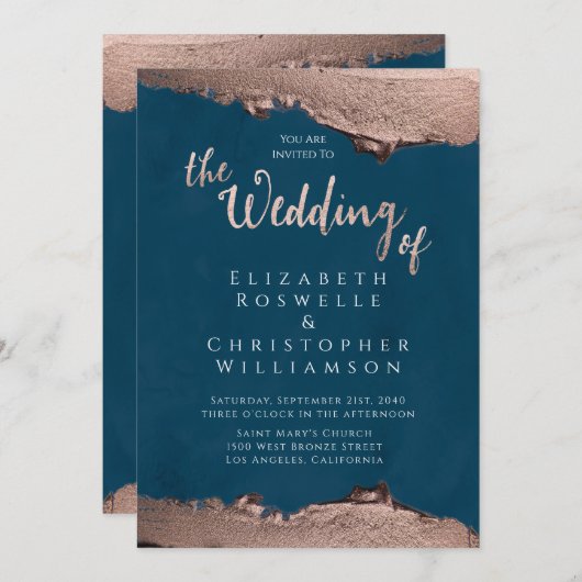 Blue Bronze Metal Elegant Script Wedding Kaart (Voorkant / Achterkant)