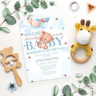 Blue Brown Baby Boy Bearly Wait Baby shower Kaart