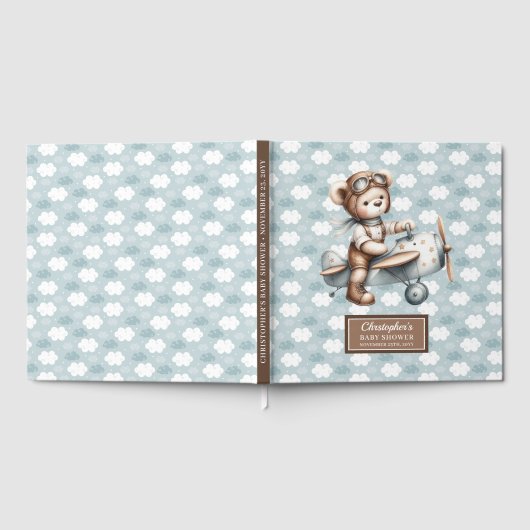 Blue Brown Baby shower Gastboek Teddy Bear Pilot Gastenboek (Volledig)