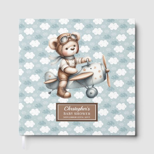 Blue Brown Baby shower Gastboek Teddy Bear Pilot Gastenboek (Voorkant)