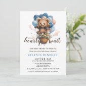 Blue Brown Balloon Bear Baby Shower Invitation Kaart (Staand voorkant)
