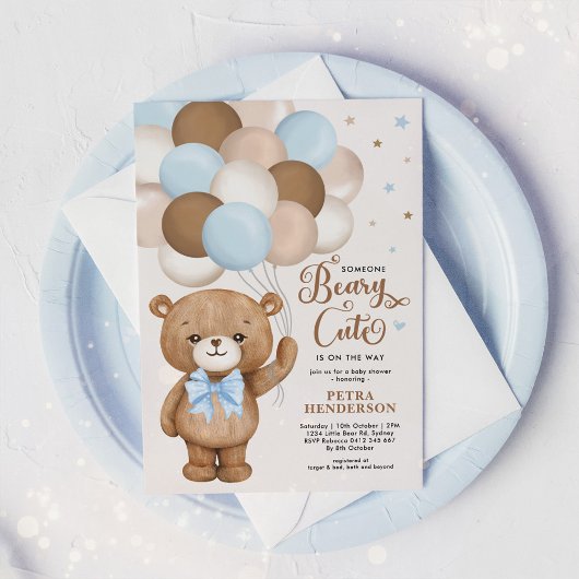 Blue Brown Beary Cute Teddy Bear Boy Baby shower Kaart