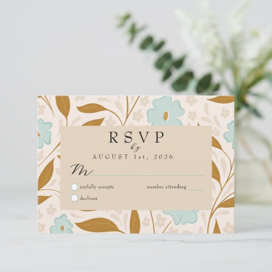 Blue Brown Boho Floral Wedding RSVP Response Card (Staand voorkant)