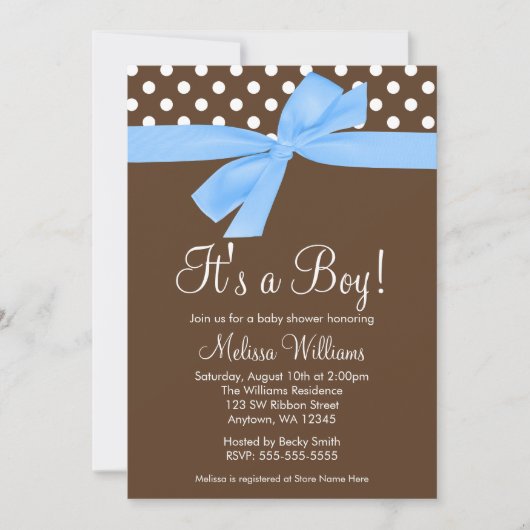 Blue Brown Bow Polka Dot Baby Shower Invitations Kaart (Voorkant)