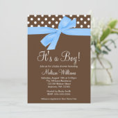 Blue Brown Bow Polka Dot Baby Shower Invitations Kaart (Staand voorkant)
