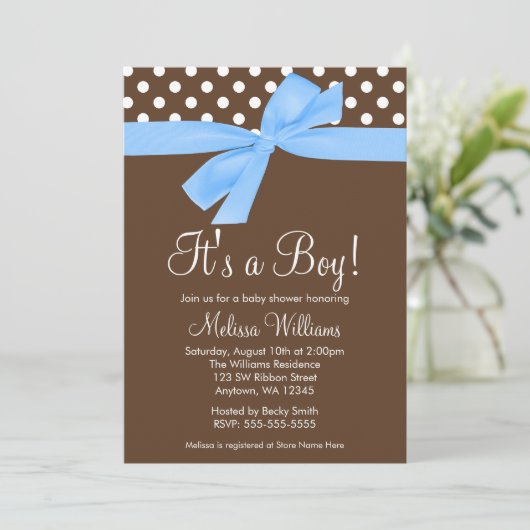 Blue Brown Bow Polka Dot Baby Shower Invitations Kaart (Staand voorkant)