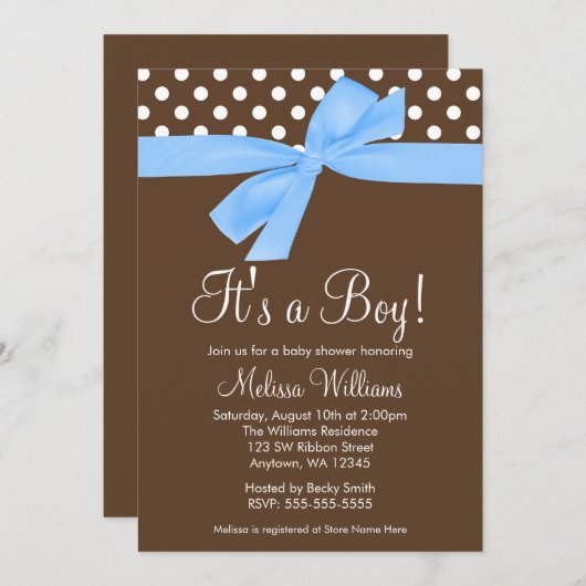 Blue Brown Bow Polka Dot Baby Shower Invitations Kaart (Voorkant / Achterkant)