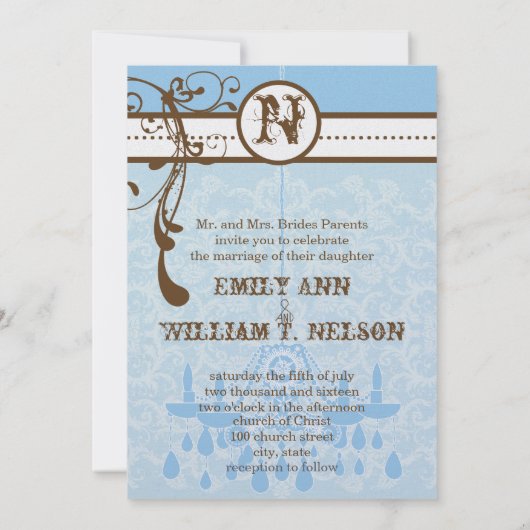 Blue & Brown  Chandelier Damask Your Photo Kaart (Achterkant)