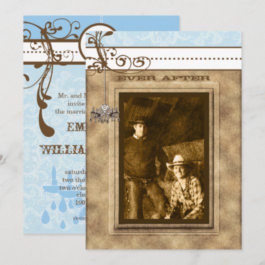 Blue & Brown Chandelier Damask Your Photo Kaart (Voorkant / Achterkant)