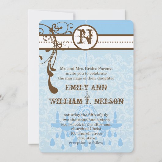 Blue & Brown Chandelier Damask Your Photo Kaart (Achterkant)