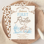 Blue Brown Cowboy Eerste Rodeo 1e Verjaardag Kaart<br><div class="desc">Blue Brown Cowboy First Rodeo 1st Birthday Invitation  stijl cowboy thema eerste rodeo verjaardagsuitnodiging met een cowboy en een paard,  blauw western woestijntje,  touw stijl tekst en twee longhorn koe hoofden. De achterkant van deze eerste rodeo-verjaardagsuitnodiging heeft een bruin koe printpatroon.</div>