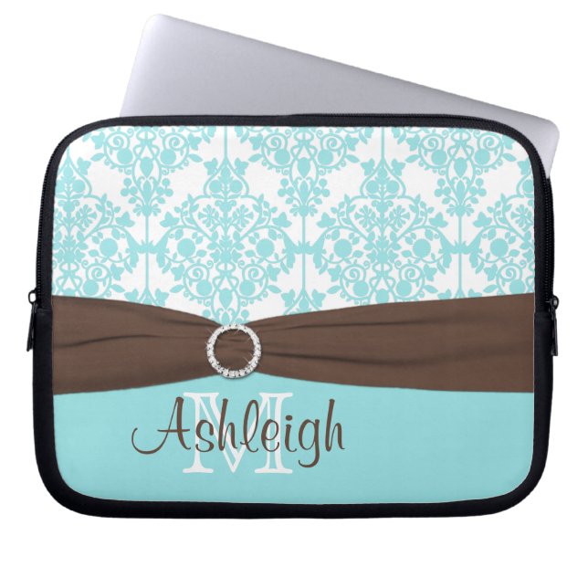 Blue Brown Damask met FAUX Ribbon-laptophoes Laptop Sleeve (Voorkant)