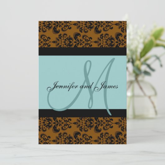 Blue Brown Damask Monogram Wedding Uitnodiging (Staand voorkant)