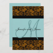 Blue Brown Damask Monogram Wedding Uitnodiging (Voorkant / Achterkant)