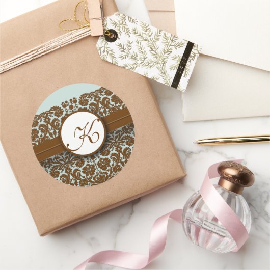 Blue Brown Lace Damask  Floral Wedding Ronde Sticker (Geschenken)