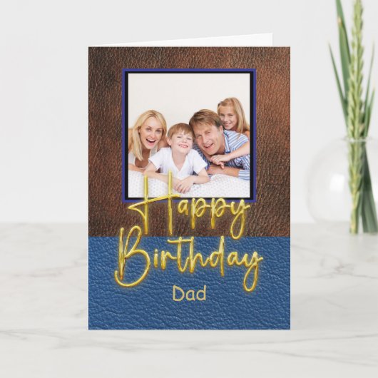 Blue & Brown leather Gold Script Dad Birthday Kaart (Voorkant)