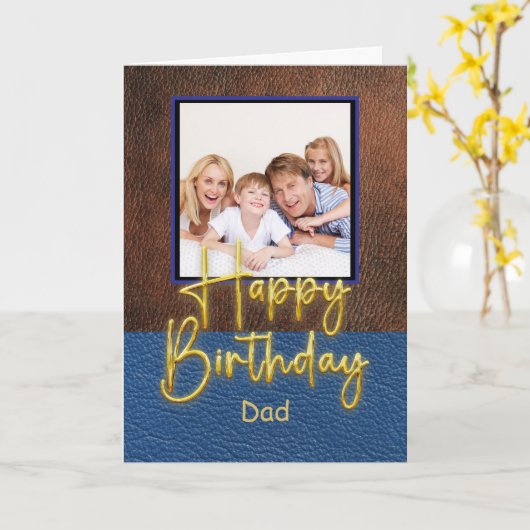 Blue & Brown leather Gold Script Dad Birthday Kaart (Gele Bloem)