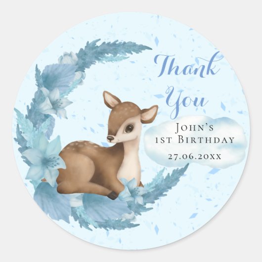 Blue Brown Little Bambi Dust Cloud Birthday Boy Ronde Sticker (Voorkant)