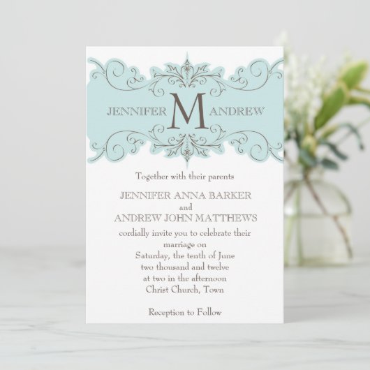 Blue Brown Monogram Wedding Invitations Kaart (Staand voorkant)