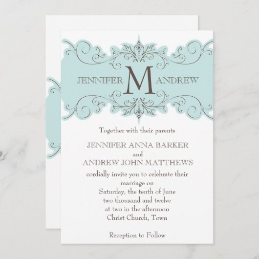 Blue Brown Monogram Wedding Invitations Kaart (Voorkant / Achterkant)