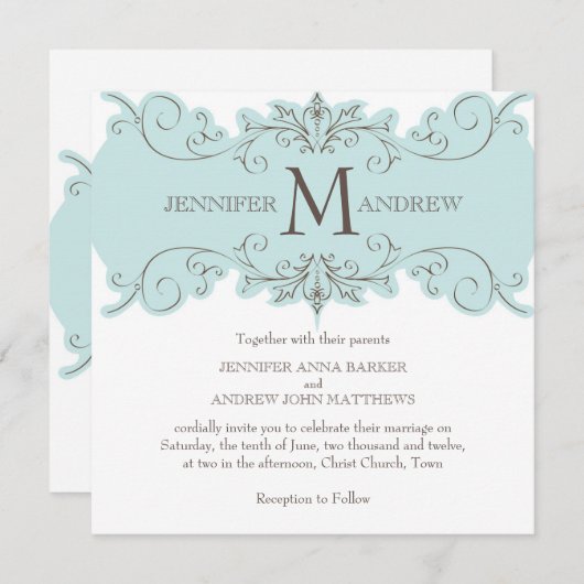 Blue Brown Monogram Wedding Invitations Kaart (Voorkant / Achterkant)