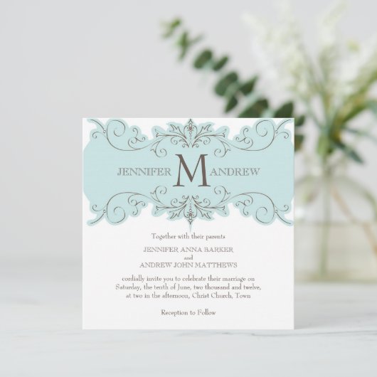 Blue Brown Monogram Wedding Invitations Kaart (Staand voorkant)