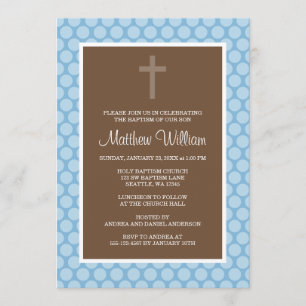 Blue Brown Polka Dot Cross Boy Baptisme Christenin Kaart