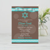 Blue Brown Polka Dot Ribbon Bat Mitzvah Uitnodigin Kaart (Staand voorkant)