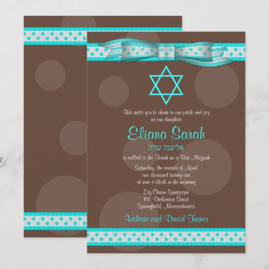 Blue Brown Polka Dot Ribbon Bat Mitzvah Uitnodigin Kaart (Voorkant / Achterkant)