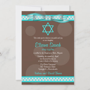 Blue Brown Polka Dot Ribbon Bat Mitzvah Uitnodigin Kaart