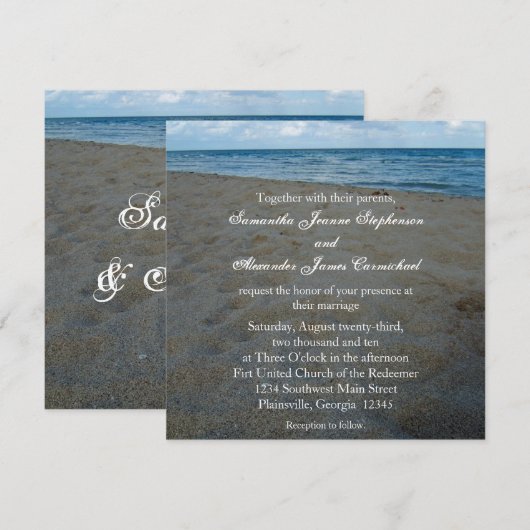 Blue+Brown Sands Strand Bruiloft Uitnodigingen (Voorkant / Achterkant)