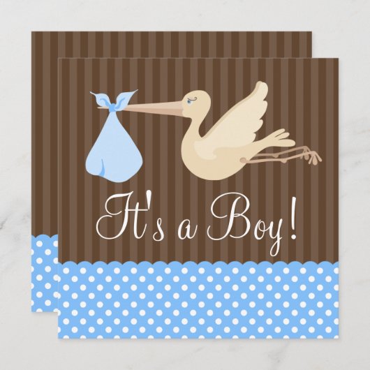 Blue Brown Stork Stippen Boy Baby shower Kaart (Voorkant / Achterkant)