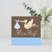 Blue Brown Stork Stippen Boy Baby shower Kaart (Staand voorkant)