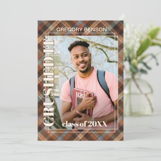 Blue Brown Tartan Pset Afstuderen Aankondiging (Staand voorkant)