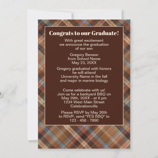 Blue Brown Tartan Pset Afstuderen Aankondiging (Achterkant)