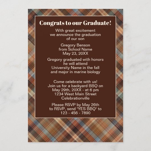 Blue Brown Tartan Pset Afstuderen Aankondiging (Achterkant)