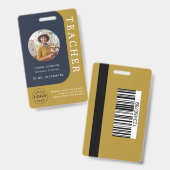 Blue Brown Teacher Name Badge with QR and Photo (Voor- en achterkant)