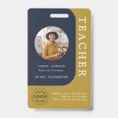 Blue Brown Teacher Name Badge with QR and Photo (Voorzijde)