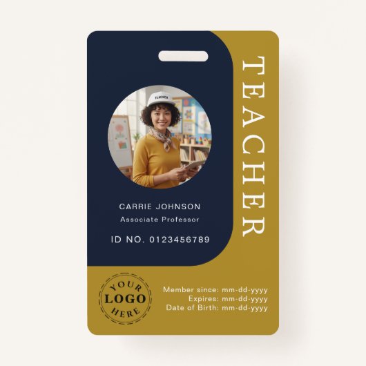 Blue Brown Teacher Name Badge with QR and Photo (Voorkant)