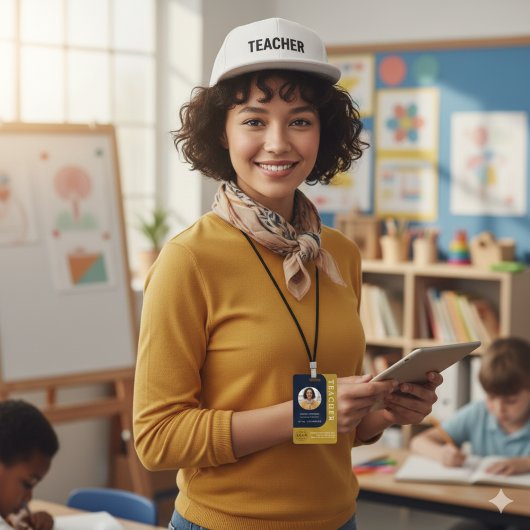 Blue Brown Teacher Name Badge with QR and Photo