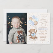 Blue Brown Teddy Bear Balloons Birthday Boy Foto Kaart (Voorkant)