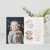 Blue Brown Teddy Bear Balloons Birthday Boy Foto Kaart (Staand voorkant)
