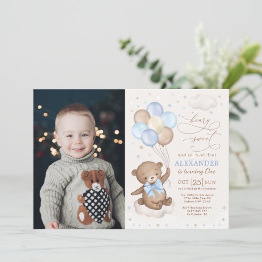 Blue Brown Teddy Bear Balloons Birthday Boy Foto Kaart (Staand voorkant)
