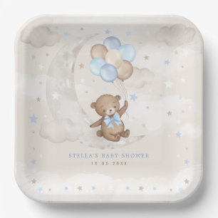 Blue Brown Teddy Bear Balloons Moon Stars Baby Boy Papieren Bordje