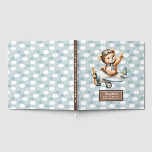 Blue Brown Teddy Bear Pilot Baby shower Gastboek Gastenboek (Volledig)