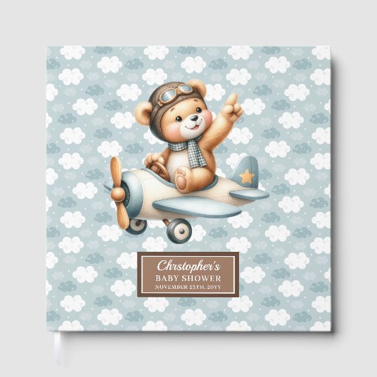 Blue Brown Teddy Bear Pilot Baby shower Gastboek Gastenboek (Voorkant)